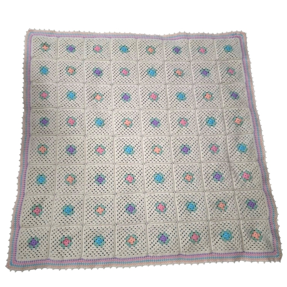Vintage Handmade Pastel Granny Square Crochet Afghan